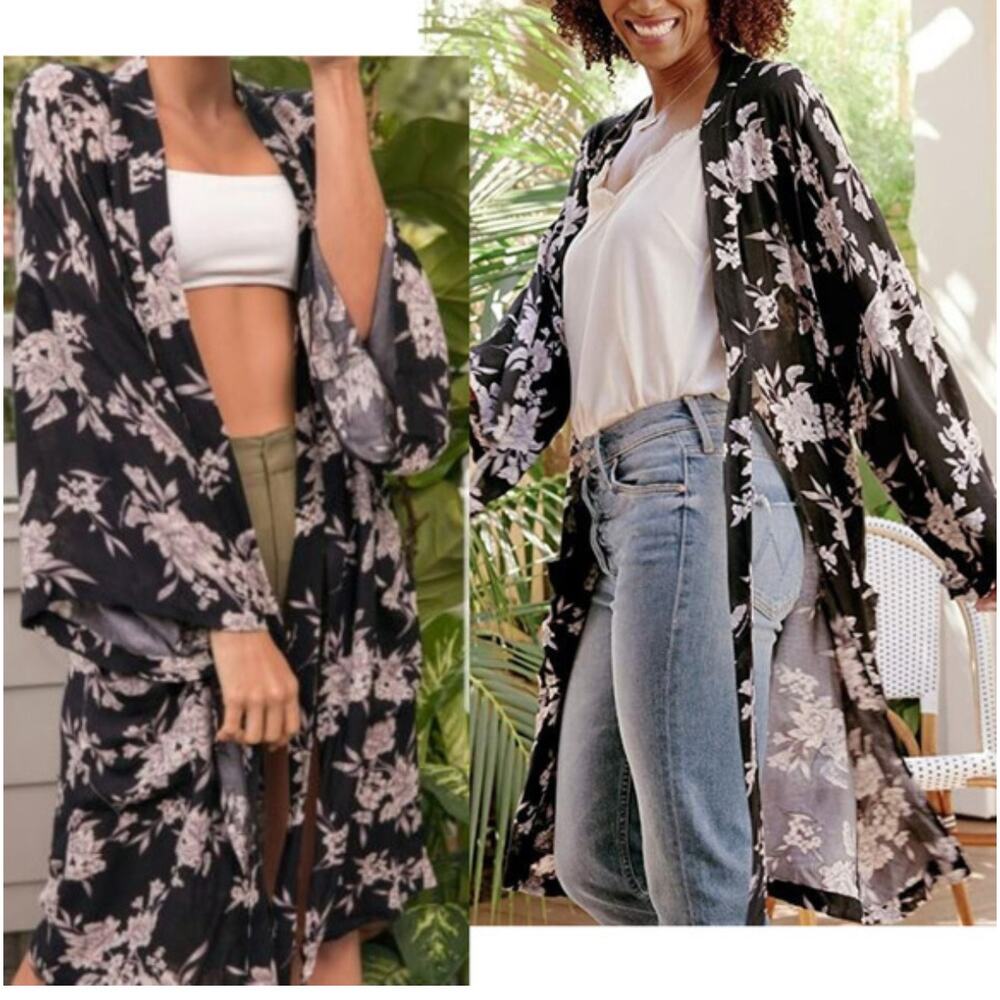 Spiritual Gangster Black Boho‎ Bohemian Maya Floral Print Kimono Robe One Size